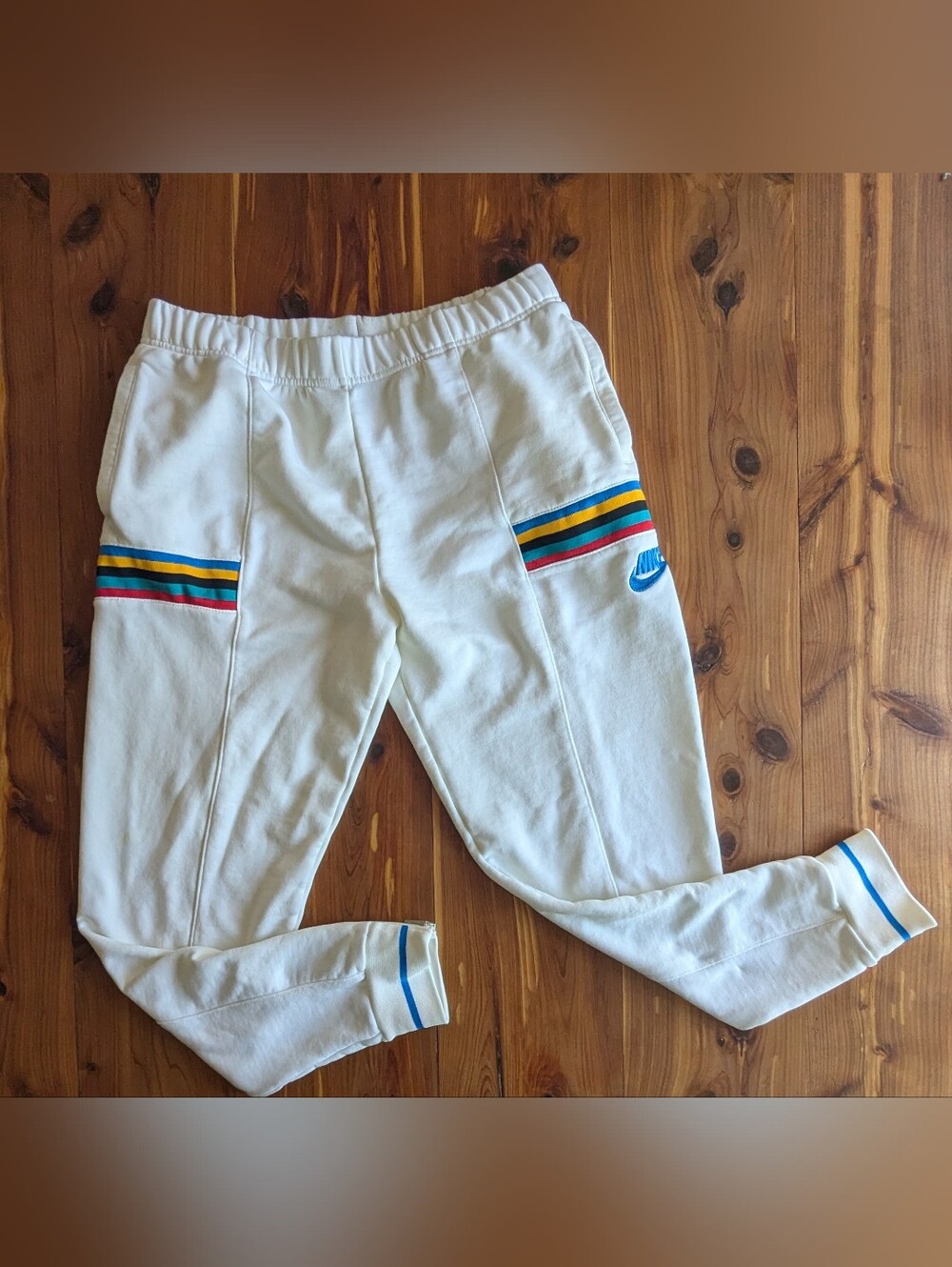 1988 Reissue Nike White Joggers with Blue, Yellow, Green & Red Stripes